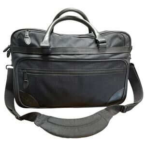 LL Bean Black Laptop Briefcase Messenger Leather Trim Nylon Work Top Handle Bag